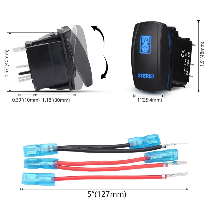 Weasch LED Stereo Rocker Switch, Laser On/Off SPST 5Pin Waterproof, 20A/12V 10A/24V, with Jumper Wires for Automotive Boat Marine Truck Jeep Music CD, Blue - Image 5
